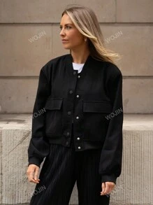 Chaqueta bomber casual de otoño para mujer TRAFZA con manga larga, unicolor retro, bolsillos y botones