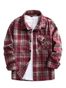 Manfinity Homme 男士格子印花前扣长袖衬衫，法兰绒衬衫 - 紅色 - 查看 3