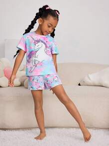SHEIN 少女獨角獸印花水洗睡衣套裝 - 彩色 - 查看 6