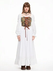 ROMWE Fairycore 女士古典浪漫提花拼色收腰 A 字长袖连衣裙 - 白色 - 查看 2