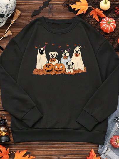 SHEIN LUNE 加大码 1 件南瓜印花长袖圆领运动衫，适合狗狗、万圣节