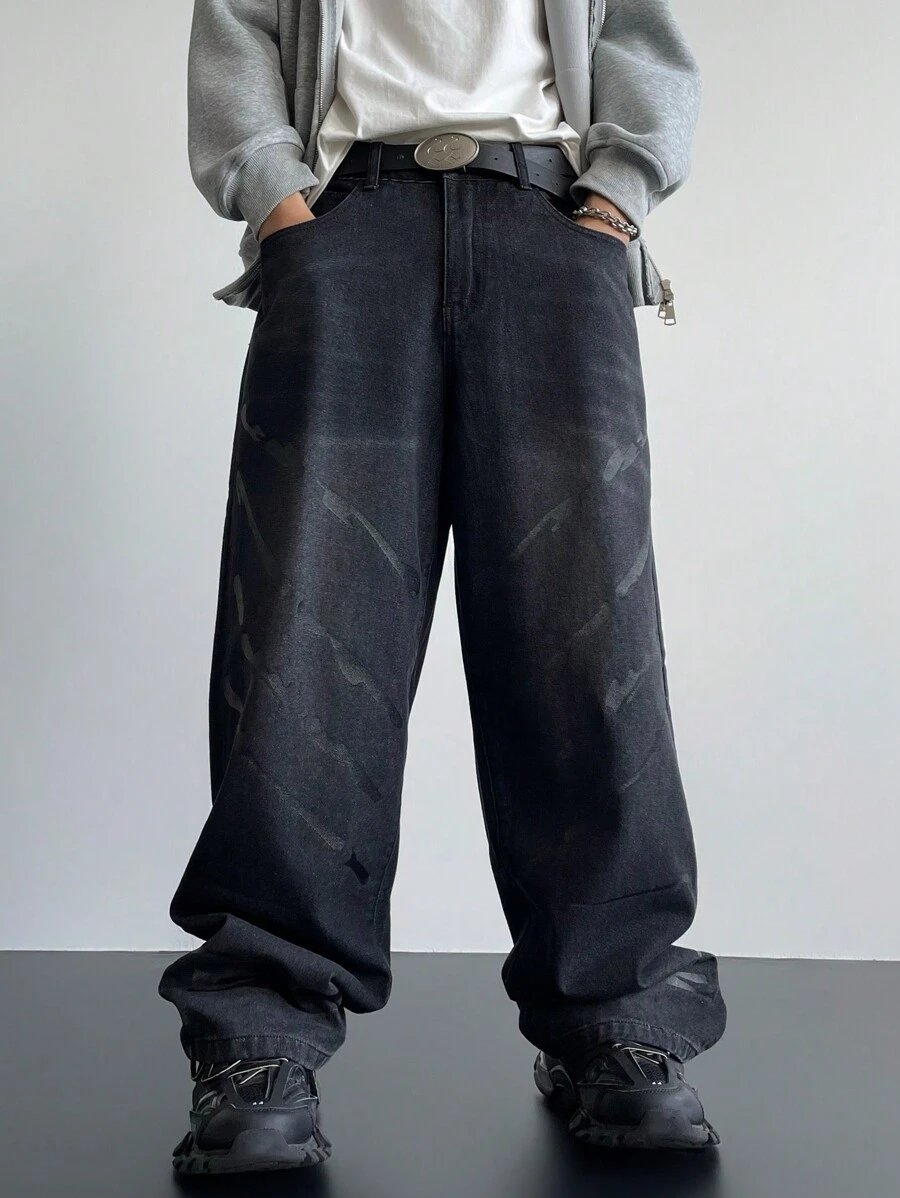 Claim Dot Men's Casual Washed Loose Straight Baggy Jeans - Black - View 1