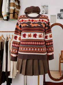 Flirla Suéter de punto con cuello redondo con estampado de zorro y hojas, talla grande, para otoño e invierno