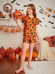 SHEIN Burnt Orange Halloween Pumpkin Print Short Sleeve Shorts Pajama Set,Cute Summer Family Matching Mommy And Me Outfits - Orange - View 4