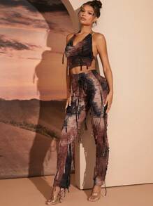 SHEIN Haute Fall Women Clothes Brown Tie-Dye Printed Deep Cowl Neck Sexy Cami Top, Crop Top, Halter Top, Club Women Outfits, Festival Outfits
