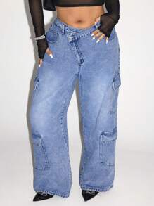SHEIN ICON Plus Size Asymmetrical Waistline Multi-Pocket Denim Jeans - Light Wash - View 1