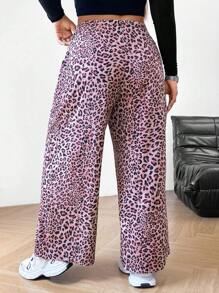 SHEIN EZwear Pantalon ample à jambes larges avec poches, en tissu tissé à motif léopard, taille haute, mode polyvalente pour les femmes grandes tailles pour un port casual et quotidien en été