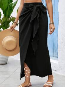 SHEIN VCAY Váy quấn có dây buộc cỡ lớn thông thường - màu đen - Xem 1