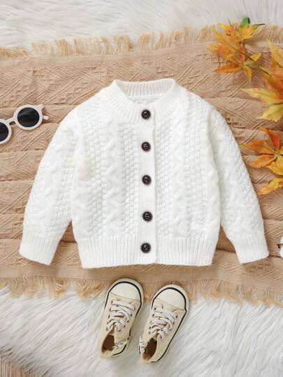 SHEIN Explorewe Baby Boys Cardigans, Vintage Floral Print White Long Sleeve Knitted Sweater, Casual & Fashionable, Suitable For Daily Wear, Outings, Travel, Vacation, Home, Daycare, And Children's Play