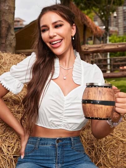 SHEIN Frenchy Women Solid Color Puff Sleeve Ruffle Trim Minimalist Summer Blouse    Oktoberfest Dirndl Tops  Oktoberfest Tracht  Oktoberfest  Wiesn  Bierfest  Oktoberfest Dirndl Oktoberfest Festival  Cotton White