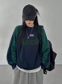 DAZY 女式拼布撞色街头风格字母印花卫衣，秋季服装 - 藏蓝色 - 查看 2