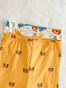 Cozy Pixies 4pcs Cartoon Lion, Tiger, Leopard Pattern Knit Soft Crew Neck Long Sleeve Top And Long Pants Baby Boy Snug Fit Pajama Set Graphic - Yellow - View 7