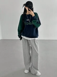 DAZY 女式拼布撞色街头风格字母印花卫衣，秋季服装 - 藏蓝色 - 查看 6