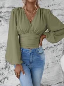 SHEIN Clasi Solid V-Neck Criss-Cross Ruched Long Sleeve Blouse - Olive Green - View 7