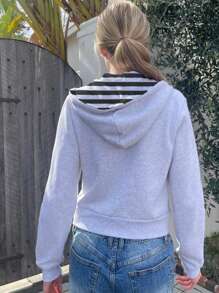 INAWLY Women's Hooded Drawstring Zip-Up Jacket, Minimalist Striped Design