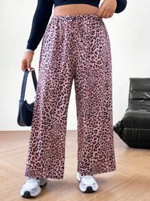 SHEIN EZwear Pantalon ample à jambes larges avec poches, en tissu tissé à motif léopard, taille haute, mode polyvalente pour les femmes grandes tailles pour un port casual et quotidien en été