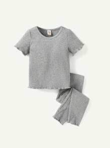 Cozy Pixies 4 件套女婴纯色圆领荷叶边袖上衣和裤子套装 - 灰色 - 查看 11