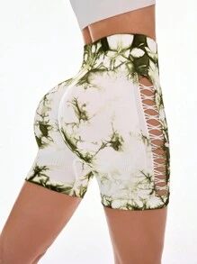 SHEIN Sport Studio Pantaloncini sportivi a vita alta con effetto tie-dye, in tessuto elasticizzato, aderenti e con design traforato