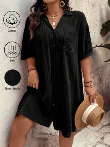 EMERY ROSE 大码纯色口袋休闲夏季度假连衣裙大码休闲连衣裙女士大码服装夏季休闲连衣裙大码黑色休闲连衣裙大码休闲连衣裙 - 黑色 - 查看 2