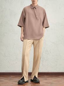 Manfinity RebelGame Men's Woven Loose Half-Placket Camel Casual Short Sleeve Oblique Placket Polo Shirt - Camel - View 3