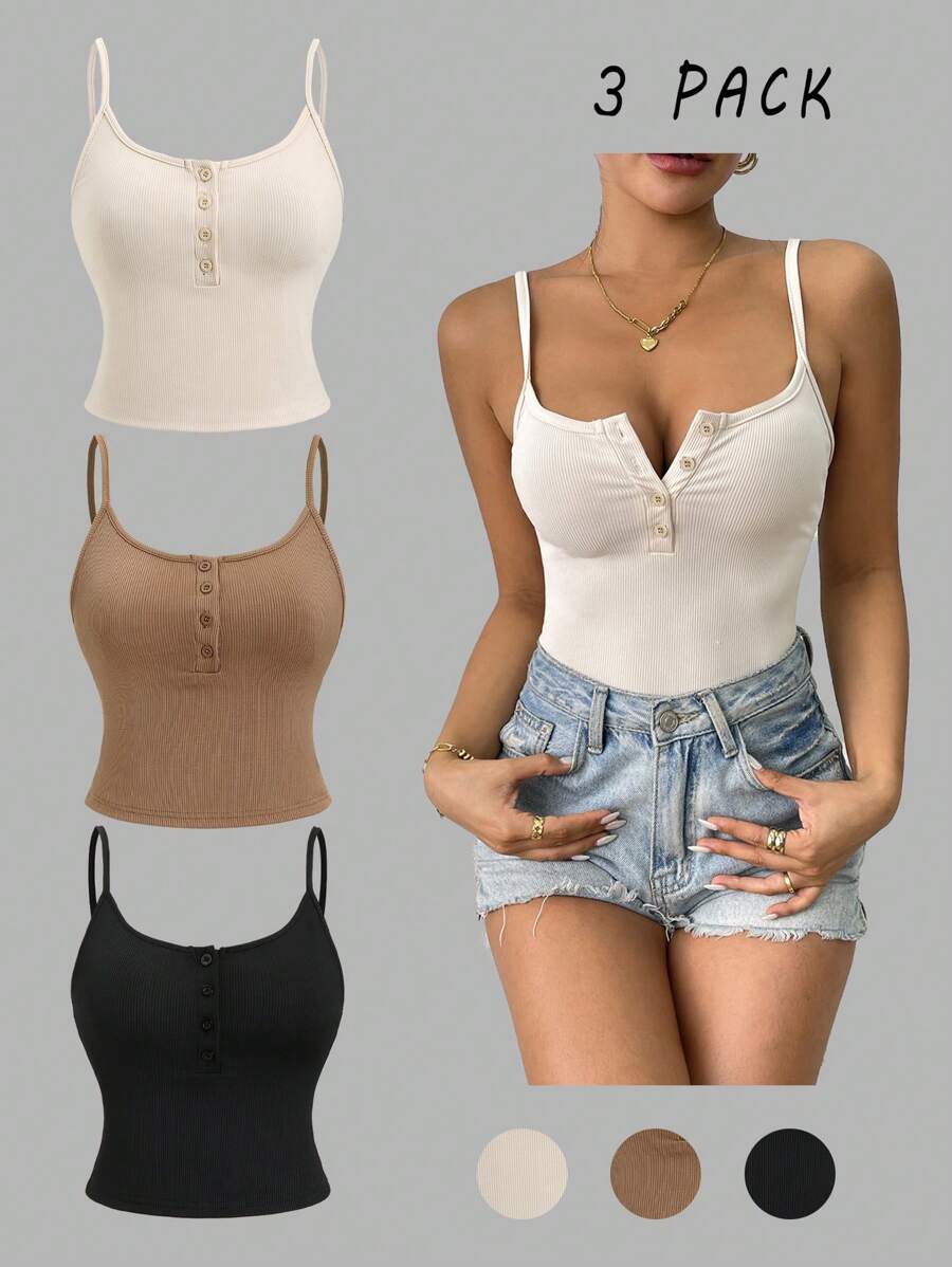 SHEIN PETITE 3件套休闲修身吊带背心套装，夏季 - 黑色 - 查看 1