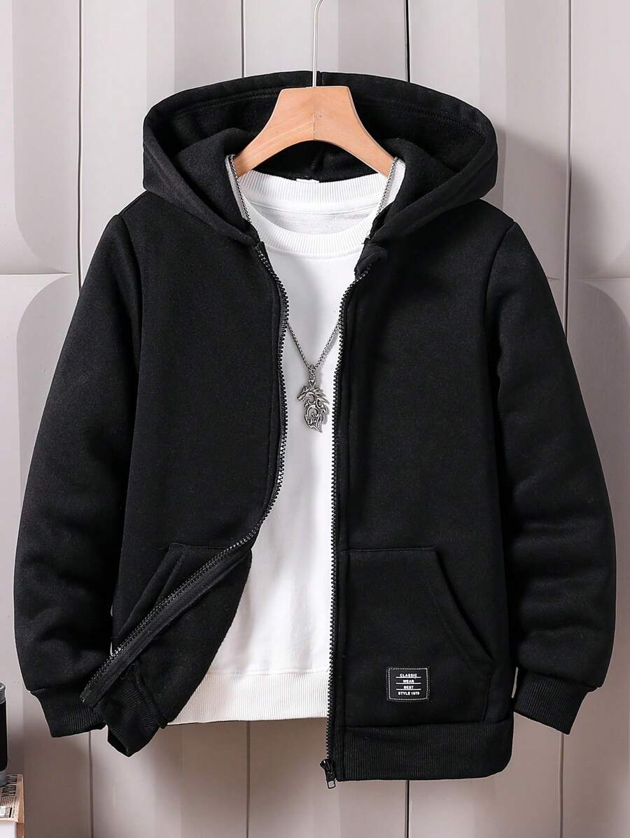 SHEIN Tween Boy Spring And Autumn Letter Chapter Long Sleeve Brushed Casual Zipper Hooded Sweatshirt - Black - View 1