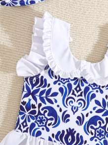 1pc Baby Girl One-Piece Swimsuit With Hat - Blue and White - View 3