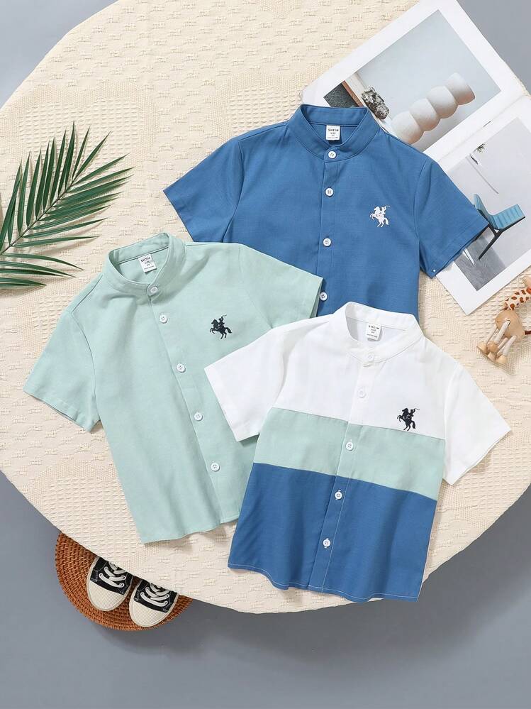 3 件套年轻男孩图案立领短袖衬衫套装 - 綠色 - 查看 1