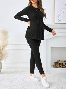 SHEIN Conjunto de jersey de punto acanalado de manga larga y unicolor para mujeres embarazadas