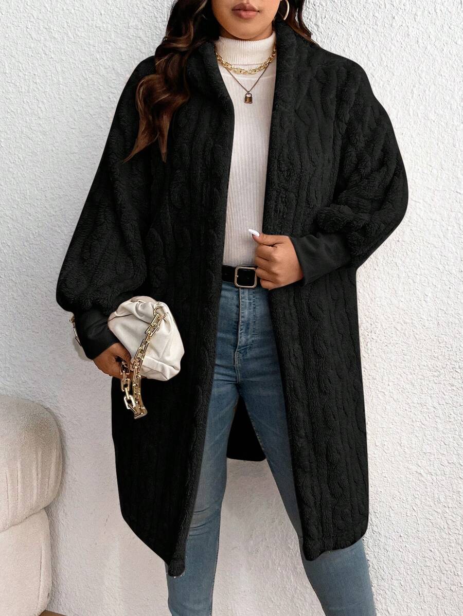 SHEIN Frenchy 加大码纯色毛绒连帽开衫，适合冬季 - 黑色 - 查看 1