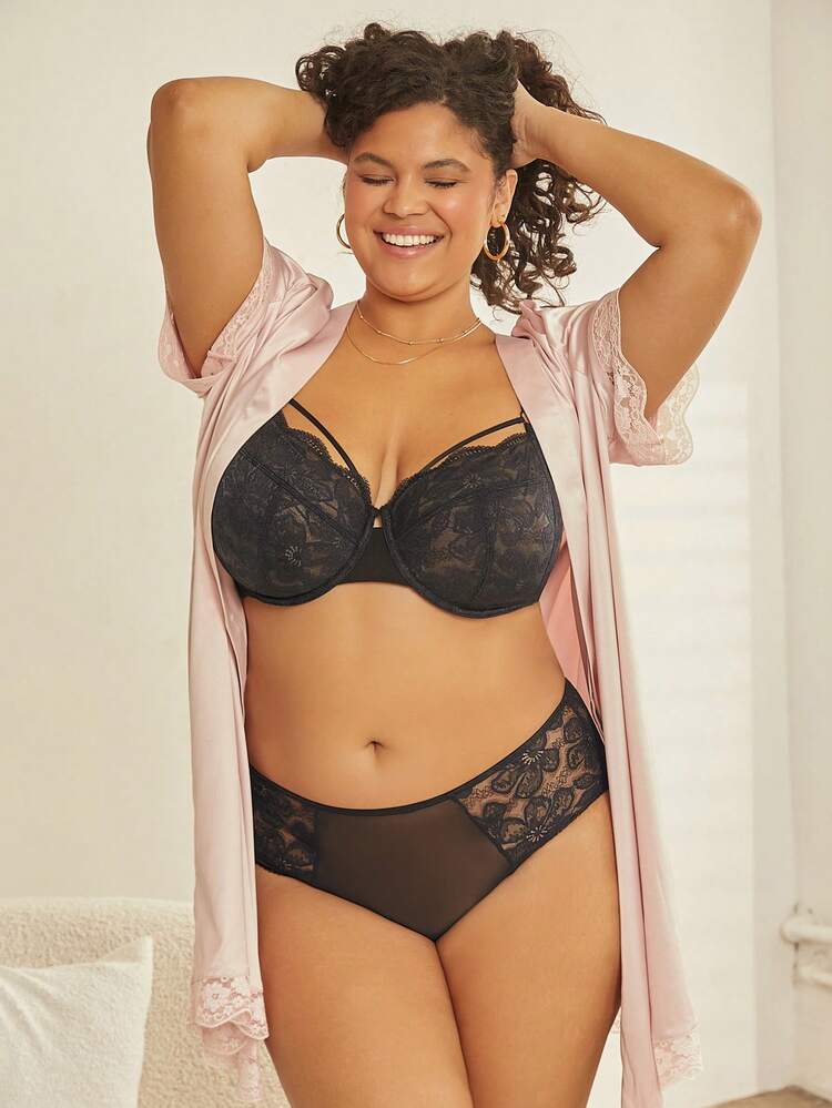 Plus Unlined Full Coverage Lace & Mesh Bra