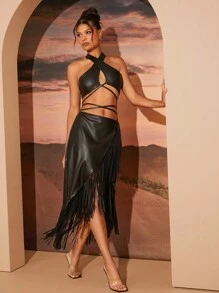 Hauture Stylish Black Faux Leather High-Waisted Midi Skirt With Fringe Detailing - Black - View 2