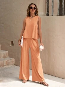 SHEIN LUNE 2 piezas Conjunto informal de chaleco y pantalones de unicolor para vacaciones de mujer - Naranja Coral - Ver 4