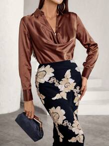 SHEIN Privé Vintage Style Casual Satin Draped Neck Long Sleeve Shirt Fall Cloth For Women - Brown - View 6
