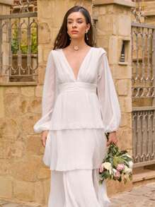 Enchnt 女式春夏深 V 领灯笼袖层叠荷叶边下摆连衣裙 - 白色 - 查看 3