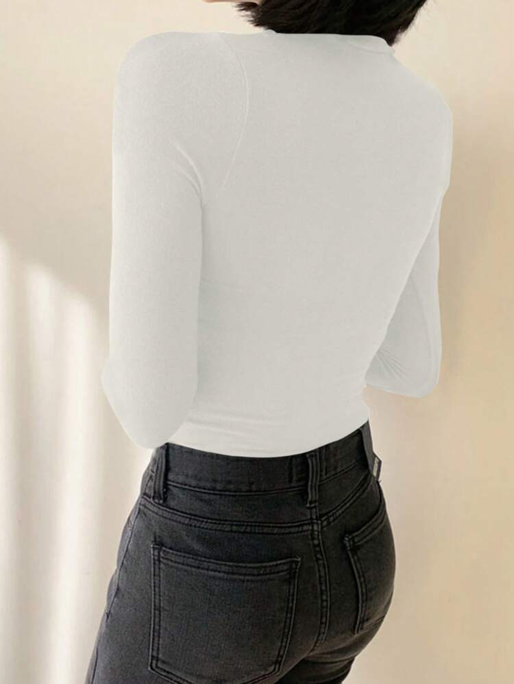 Women's Casual Solid High Collar Slim Fit T-Shirt, Spring Autumn Long Sleeve Women Tops