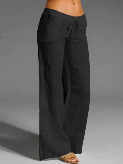 EMERY ROSE Women Tie-Waist Solid Color Loose Fit Casual Pants With Pockets Fall Cloth For Women