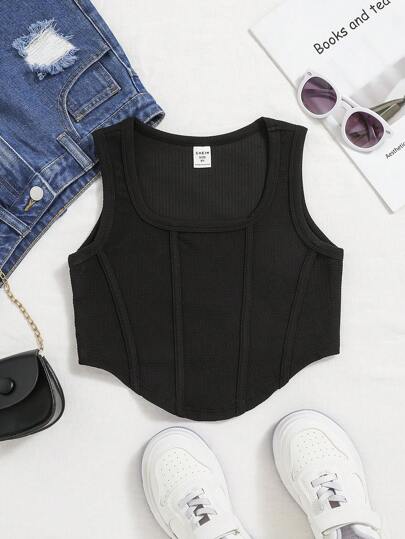 SHEIN Tween Girl Solid Curved Hem Tank Top
