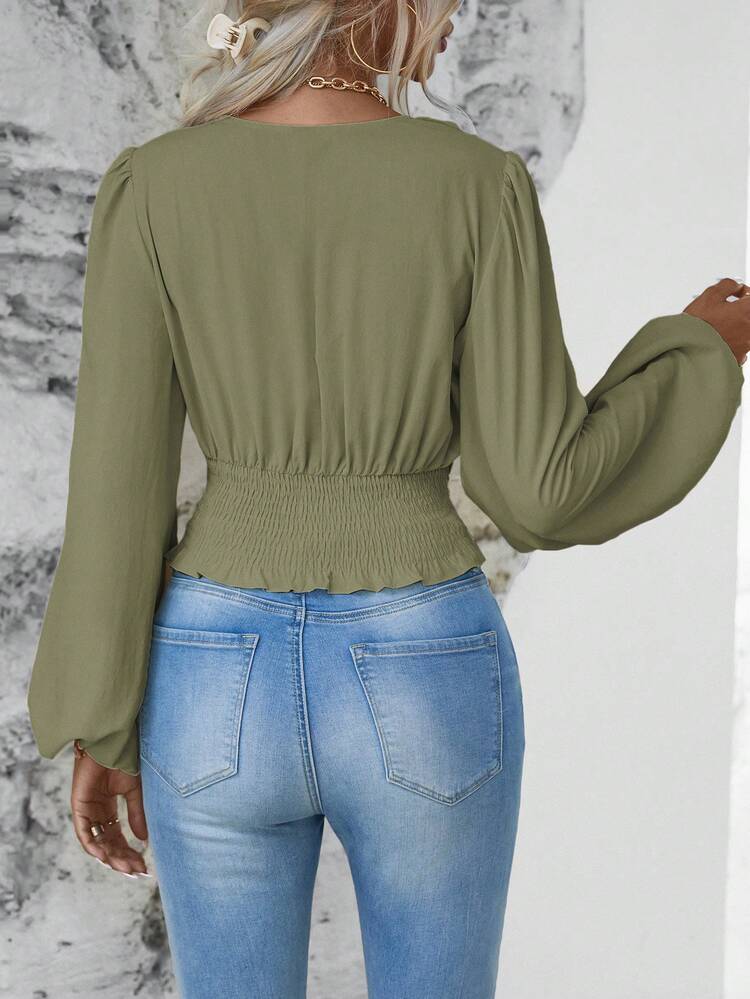 SHEIN Clasi Solid V-Neck Criss-Cross Ruched Long Sleeve Blouse - Olive Green - View 2