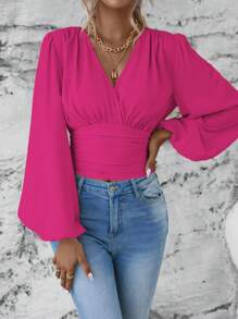 EMERY ROSE Women's Spring And Summer Solid Color Overlapping V-Neck Lantern Sleeve Elegant Shirt Fall Cloth For Women - Hot Pink - View 3