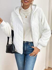 SHEIN Essnce Women's Solid Color Raglan Sleeve Casual Hooded Padded Coat, Autumn/Winter - White - View 4