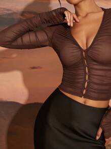 Hauture 透明纯色网眼褶皱长袖纽扣上衣 - 棕色 - 查看 6