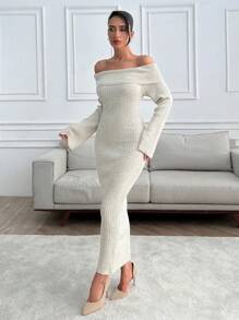 EURMUSE Off Shoulder Sweater Maxi Dress - Apricot - View 4