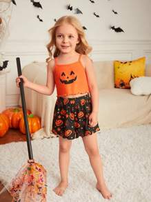 SHEIN Young Girl Cute Cartoon Pumpkin Pattern Camisole & Shorts 2 Pieces Set,Comfortable Orange Summer Family Matching Sleepwear Homewear Mommy And Me - Orange - View 3