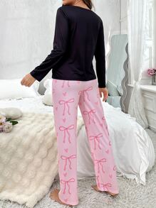Cute Bow-Knot Design Long Sleeve And Long Pants Women's Pajama Set