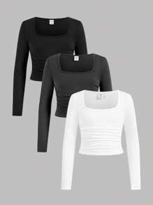 SHEIN Girlism Tween Girls' Casual Simple Comfortable Solid Square Neck Ruched Waist Multi-Packs T-Shirts - Multicolor - View 1