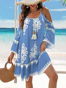 Breezaya Women Allover Print Ruffle Trim Spaghetti Strap Casual Holiday Dress - Blue - View 6