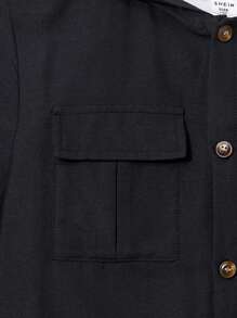 SHEIN Áo sơ mi ngắn tay có mũ trùm đầu thoải mái thường ngày dành cho bé trai Tween - màu đen - Xem 5