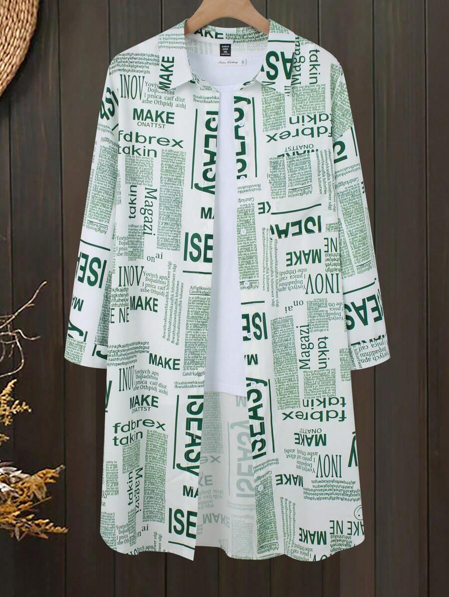 SHEIN LUNE Plus Size Turn-Down Collar Front Button Full Print Casual Dress - Green - View 1