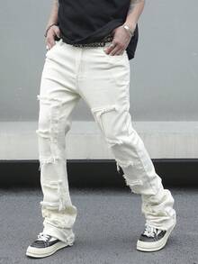 Manfinity LEGND Men's Solid Color White Ripped Pocket Skinny Casual Jeans